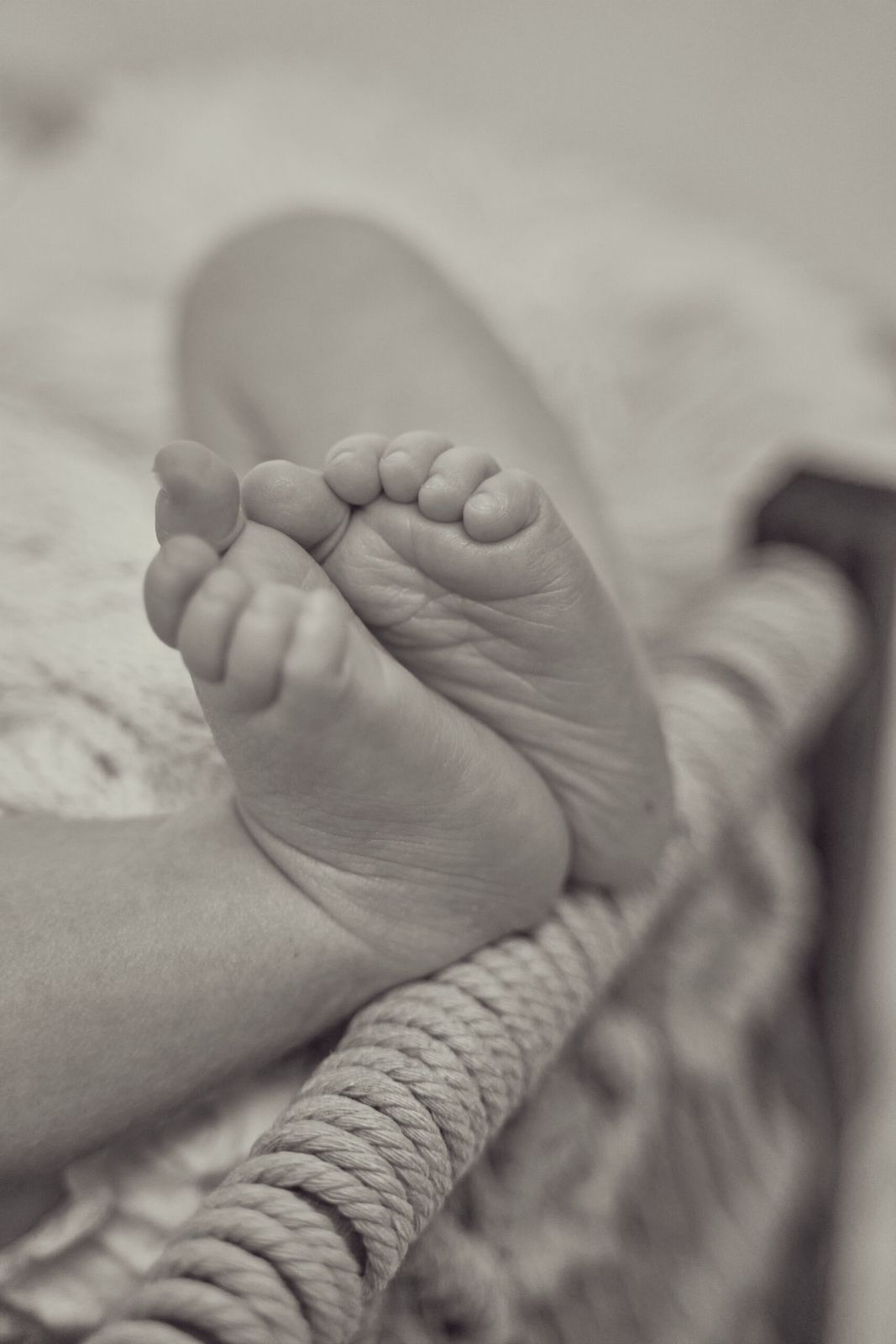 Kleine Babyfüße in einem Körbchen
